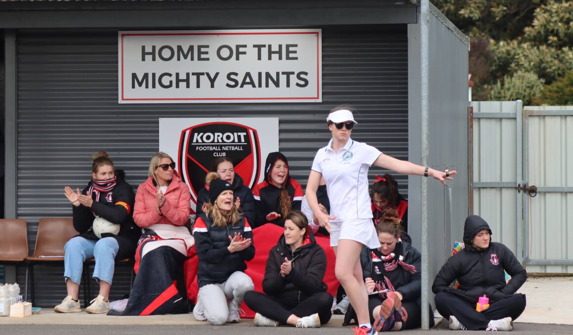 HOME-COURT: Koroit's bench, including coach Kate Dobson (front left) celebrate a goal. Picture: Justine McCullagh-Beasy 