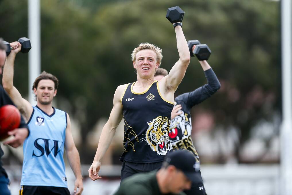 NEXT GEN: Sam Hampshire, pictured at Portland pre-season training earlier this year, played seniors in 2019. He is playing for the Tigers' under 18.5 team this season given the senior season was scrapped. Picture: Anthony Brady 