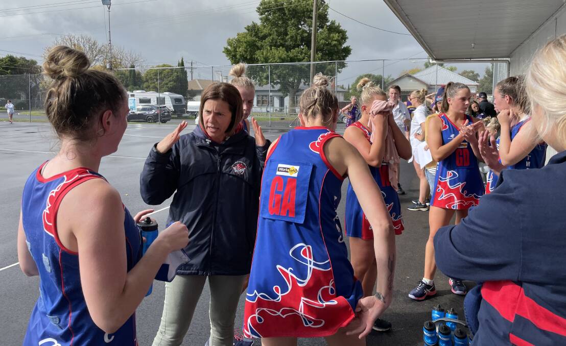 WORDS OF WISDOM: Terang Mortlake coach Liz Fowler with half-time instructions. Picture: Justine McCullagh-Beasy 
