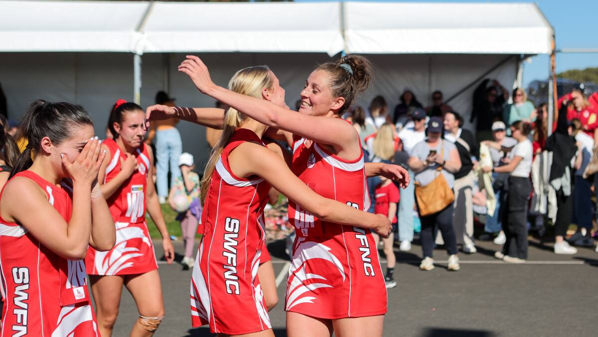 Ally Mellblom and Annie Blackburn hug after South Warrnambool won the grand final. Picture by Anthony Brady 