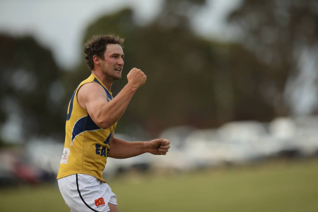 C'MON: North Warrnambool Eagles' Joe McKinnon celebrates a goal in the Let's Talk Cup grand final. Picture: Chris Doheny 