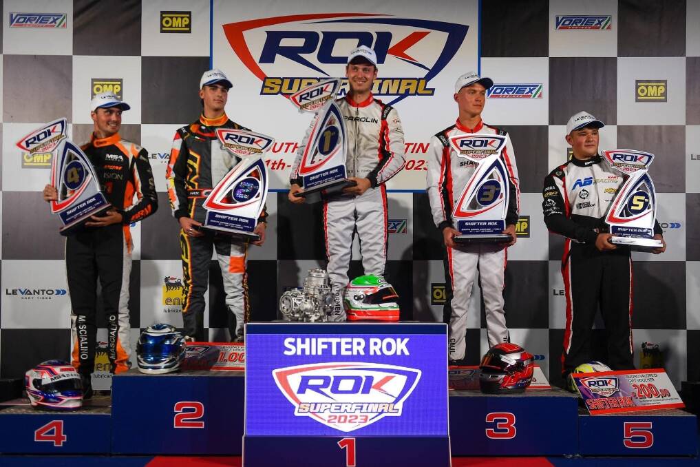Warrnambool's Jay Coul (third) on the podium at the ROK Super Final in Italy. Supplied picture 