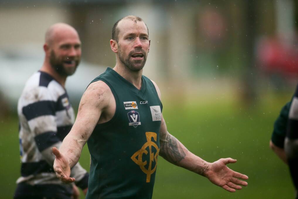 SEALER: Veteran Nathan Forth kicked the winning point for Old Collegians against Allansford on Saturday. It was a low-scoring, see-sawing battle played in rain. Picture: Chris Doheny