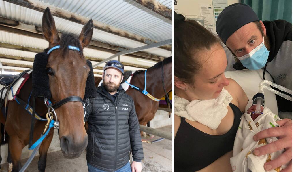 Declan Maher with Epizeel (left) and partner Taylah Richardson and newborn son Caolan (right). Pictures Eddie Guerrero/supplied 