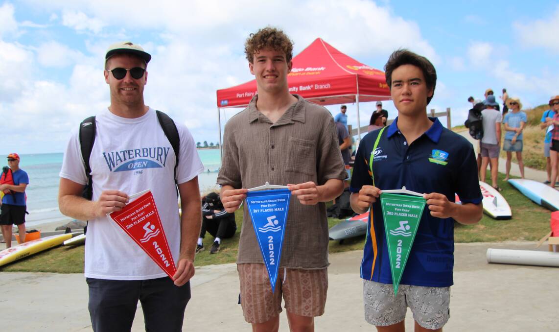 PODIUM: Port Fairy swim place-getters Isaac Jones (second), Thomas Hay (first) and Cody Greenwood (third) on Sunday. Picture: Martina Murrihy 