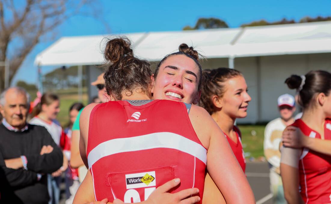 Annie Blackburn and Ally O'Connor embrace post-game as South Warrnambool celebrates. Picture by Anthony Brady 