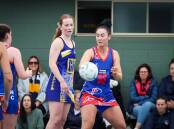 North Warrnambool Eagles' Matilda Sewell and Terang Mortlake's Eboni Knights had a good battle. Picture by Justine McCullagh-Beasy 
