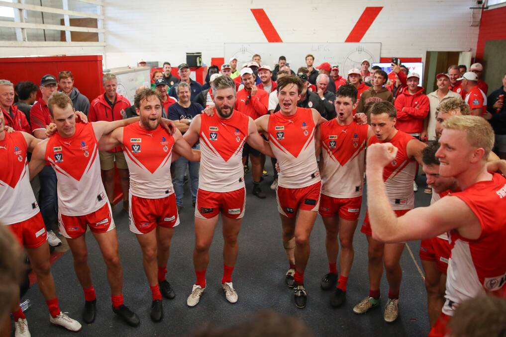 MIGHTY SOUTHERNERS: South Warrnambool players belt out the club song after beating Koroit on Good Friday. They are now 3-0 to start the season. Pictures: Morgan Hancock 