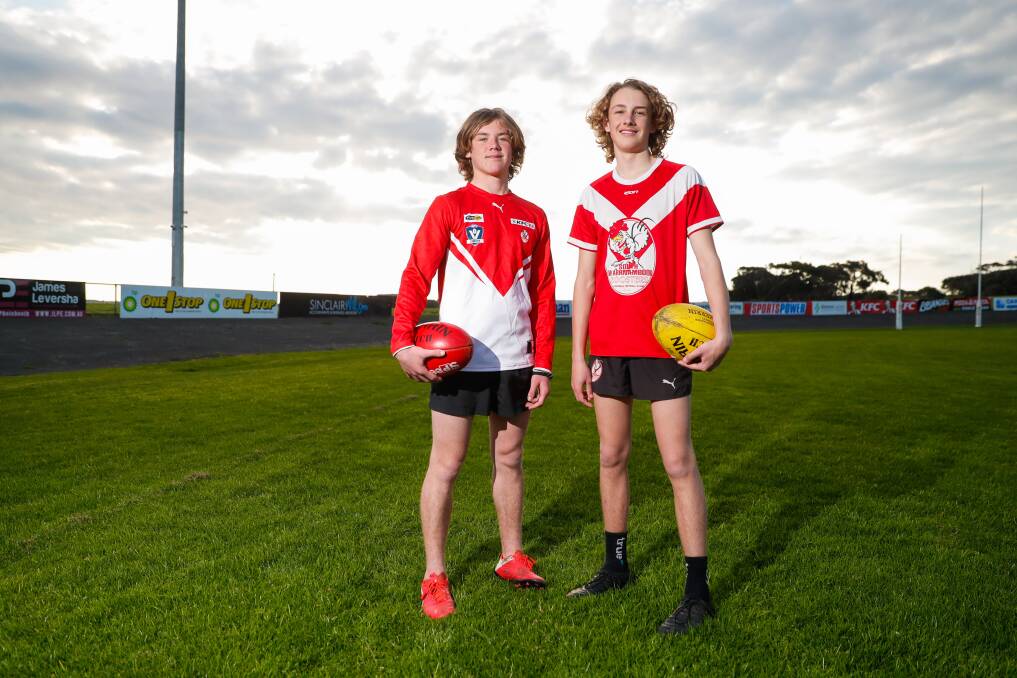 SIDELINED: South Warrnambool's Ollie Smith and Cooper Miller at South Warrnambool under 16 training last week. The Roosters were to play Hamilton in the decider. Picture: Morgan Hancock 