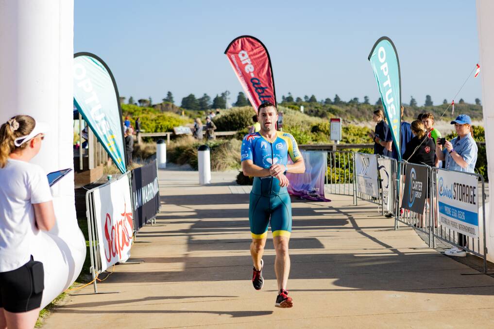 Warrnambool's Jarrod Johnstone crosses the finish line as the winner. Picture by Anthony Brady 