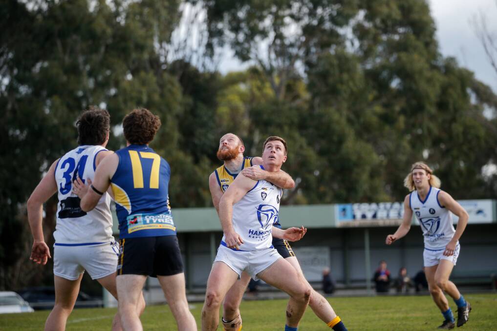 RUCK ROLE: Hamilton Kangaroos' Cam Whyte opposed to North Warrnambool Eagles' Jordan Dillon on Saturday. Picture: Anthony Brady