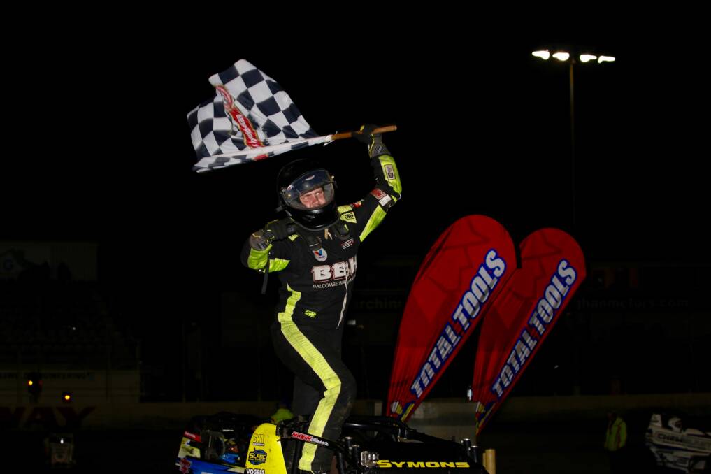 LET'S GO: Matt Symons celebrates his win at Premier Speedway on Sunday night. Picture: Robert Lake Photography 