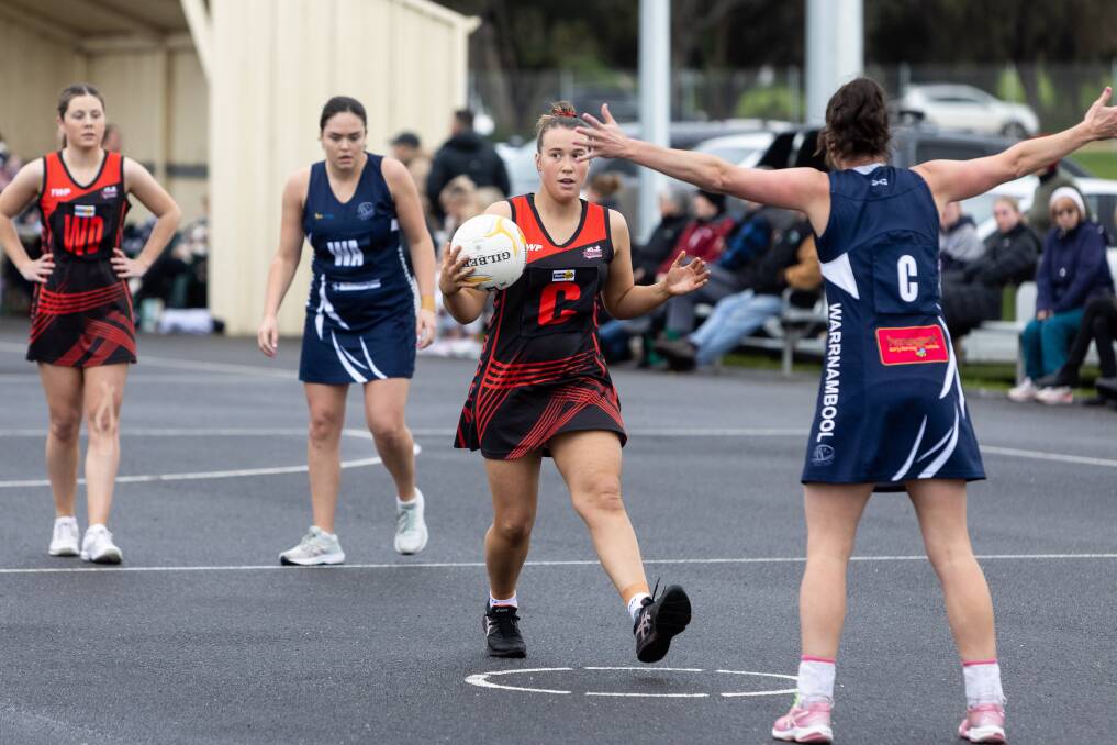 Cobden's Sophie Blain takes the centre pass during the Bombers' win against Warrnambool on Saturday. Pictures by Anthony Brady 
