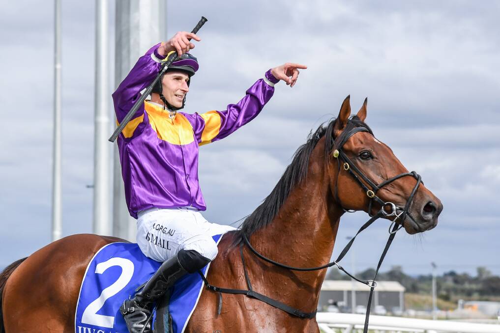 COMEBACK COMPLETE: Braidon Small returns to the mounting yard on Instigator after at Pakenham on Sunday. Picture: Brett Holburt/Racing Photos