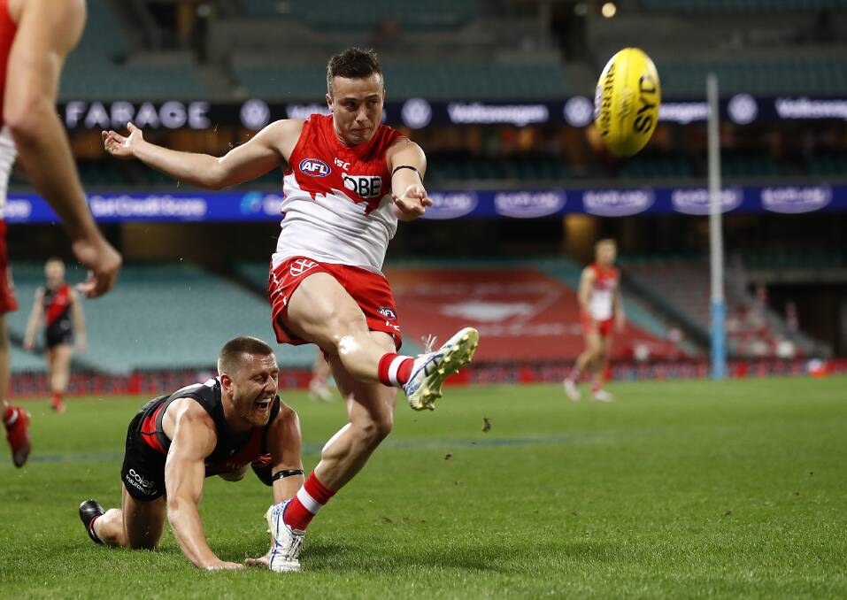 GAME-CHANGER: Sydney recruit Lewis Taylor kicked three goals, including one in the dying stages, to give the Swans a chance against Essendon. The Bombers held on at the SCG. Picture: Getty Images 