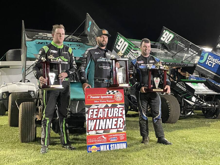 THE 'BOOL: Home-town talents Corey McCullagh (second), Jamie Veal (first) and Darren Mollenoyux (third) made the podium at Premier Speedway on Friday night. Picture: Justine McCullagh-Beasy 