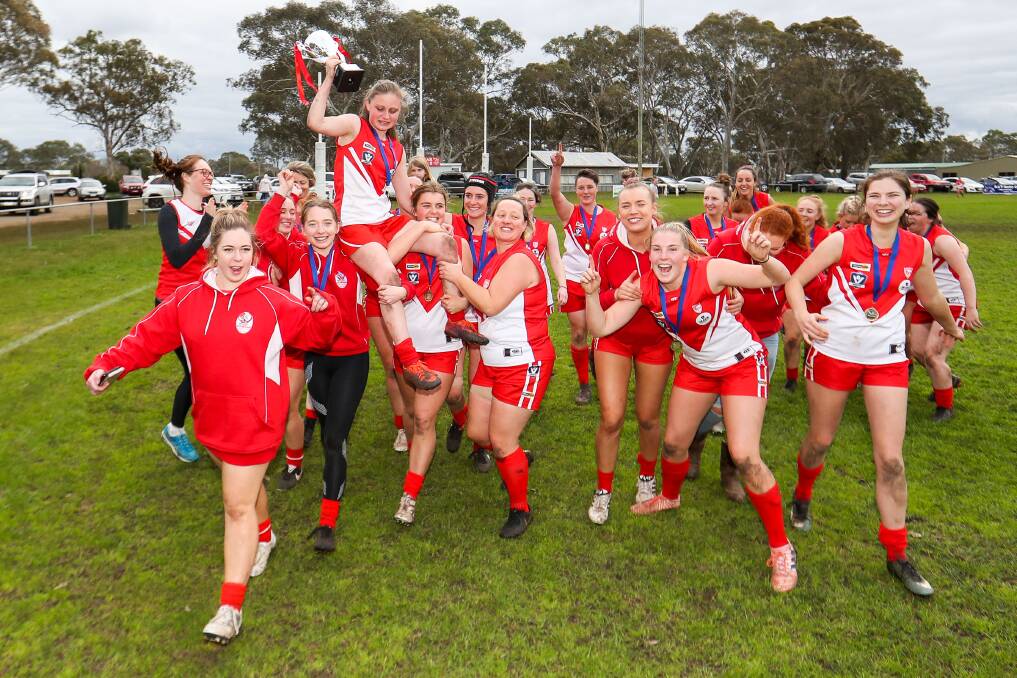 LET'S GO: South Warrnambool celebrates winning the 2019 Western Victoria Female Football League women's premiership. No flags have been awarded for the past two years due to the COVID-19 pandemic. Picture: Morgan Hancock 