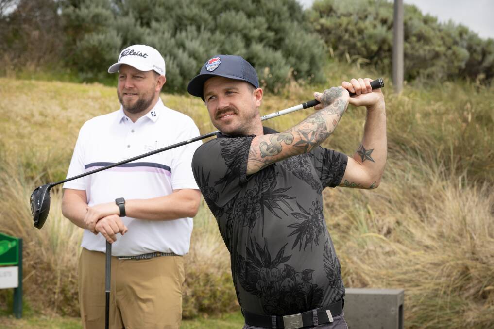 Alex Strauch and Derryn Coulson prepare for The Longest Day golf challenge at Port Fairy. Picture by Sean McKenna 