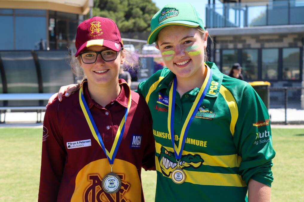 Sisters Zarah Timpson, 12, and Isabella Timpson, 15, both won medals. Nestles' Zarah was best on ground and Isabella was part of Allansford-Panmure's premiership. Picture by Justine McCullagh-Beasy 