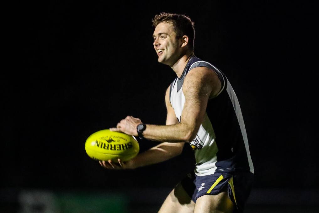 TAKING FLIGHT: Ben Mugavin, who was best-on-ground in the 2019 Hampden league grand final, was all smiles at training on Thursday. Picture: Morgan Hancock 