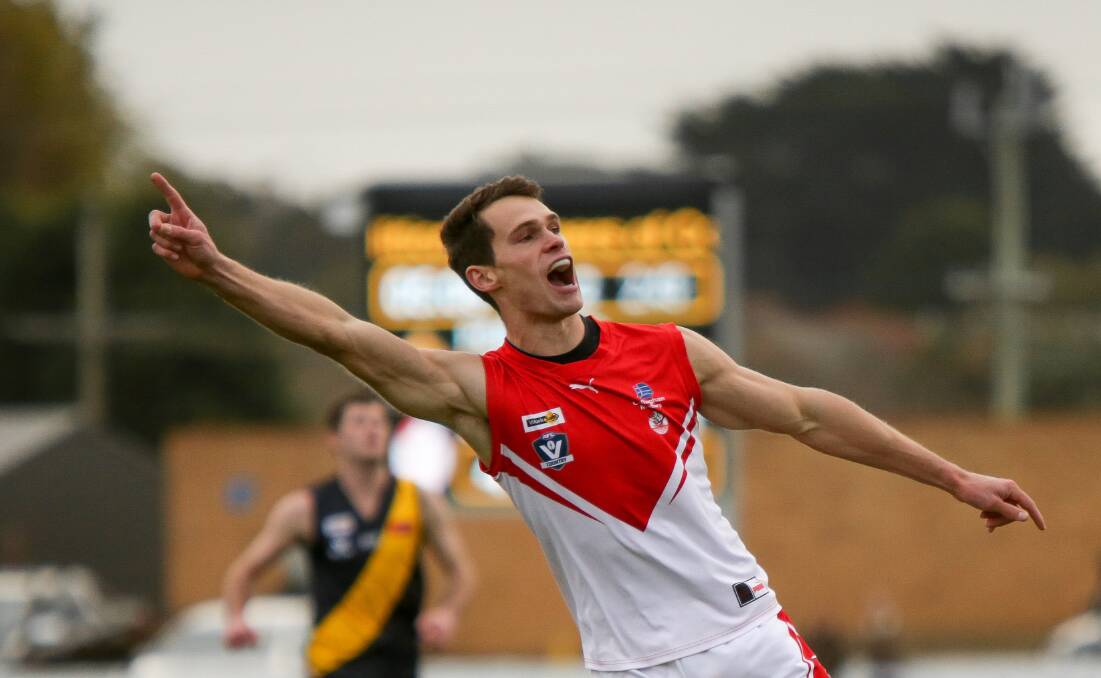 C'MON: Jack Dye celebrates one of his five goals for South Warrnambool. Picture: Chris Doheny 