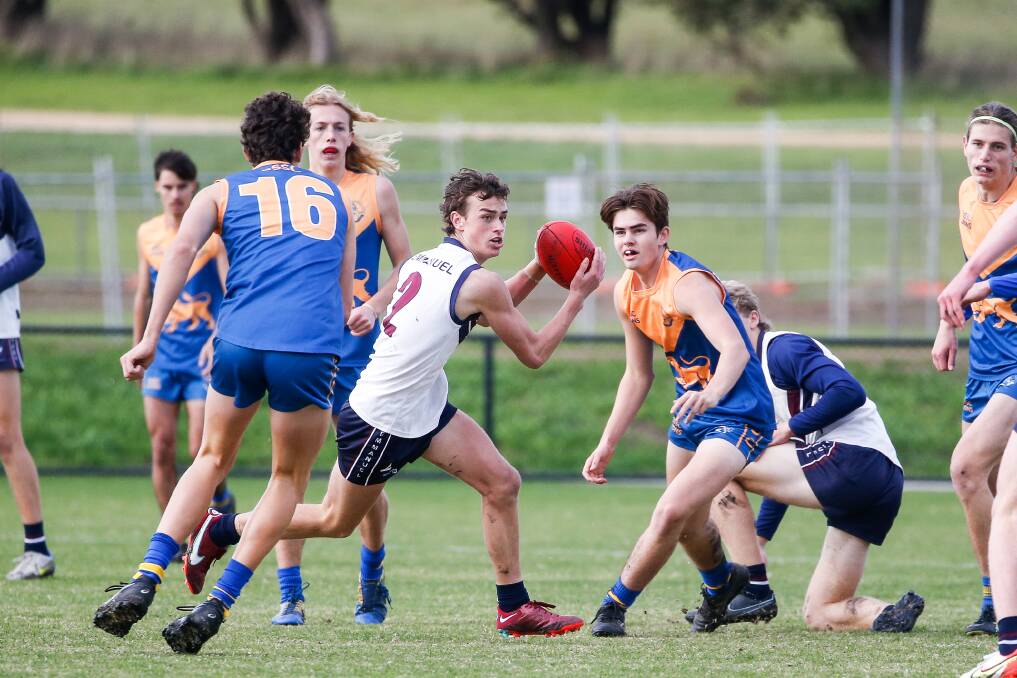 Will White in action for Warrnambool's Emmanuel College during the School Sport Victoria premier boys' competition in 2022. Picture by Anthony Brady 