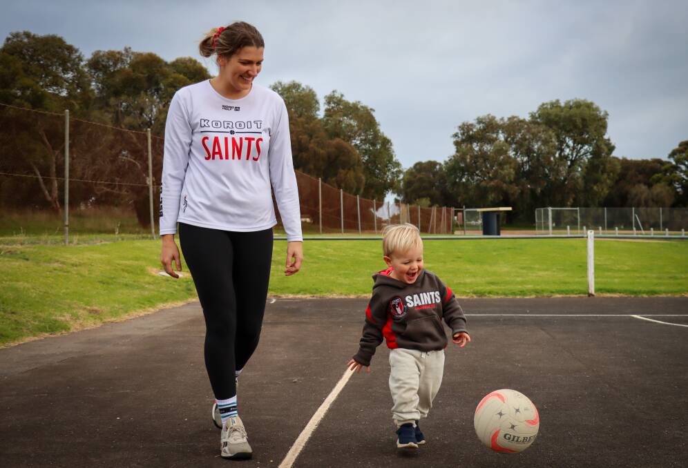 Accomplished netballer Kasey Barling - pictured with son Jude - will celebrate her 250th Hampden league senior game in round seven. Picture by Justine McCullagh-Beasy 