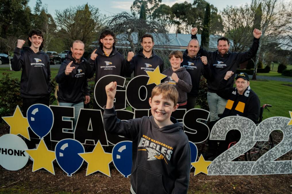 Three generations of The Grundy family, who are passionate North Warrnambool supporters and participants, pictured in 2022. The Grundy family has been involved with the club for five generations. Pictured back left to right Lucas, Rod, Callum, Jackson, Keelan, Shane, Jason, Kevin and Lincoln. File picture 