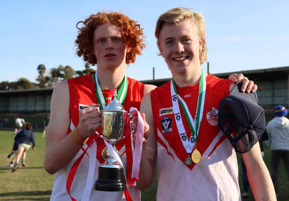South Warrnambool's Wil Rantall and Ollie Harris are Hampden league under 16 football premiership teammates. Picture by Justine McCullagh-Beasy 
