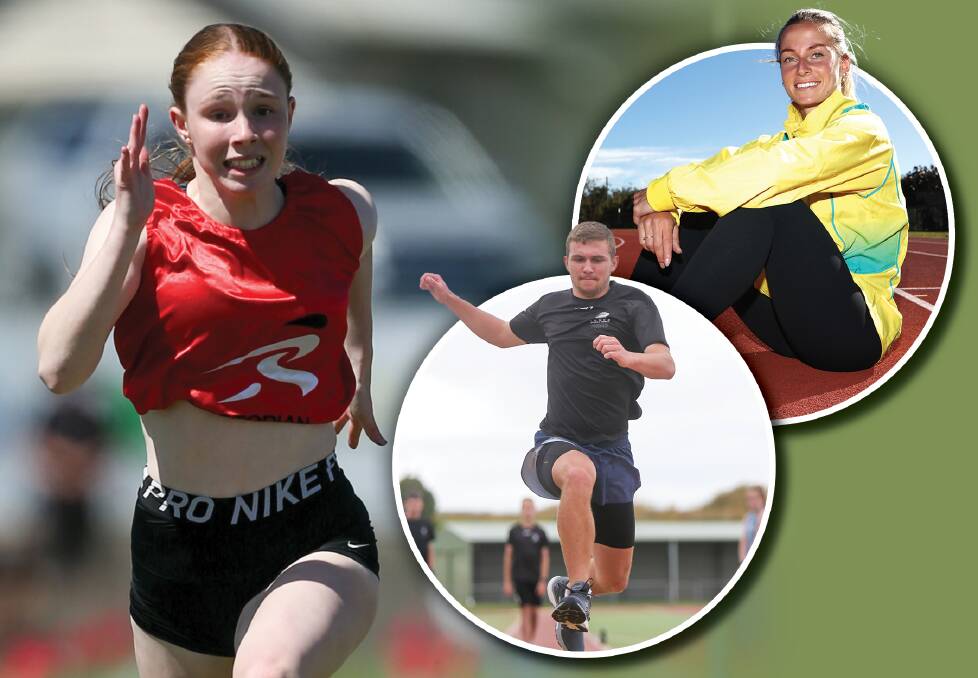 TALENTED TRIO: Warrnambool athletes' Grace Kelly (main) and Jesse Suter (inset bottom) are eager to watch and learn from this year's Olympians, including Australian sprinter Hana Basic (inset top). Pictures: Chris Doheny, Morgan Hancock, AAP 