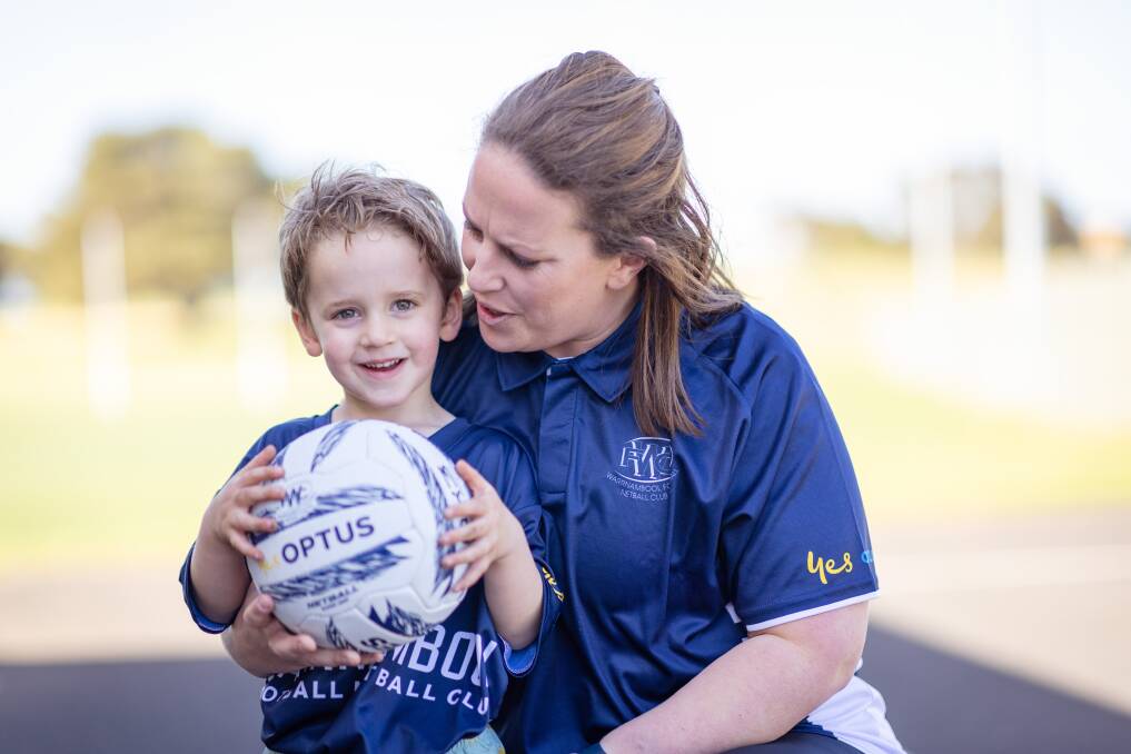 Billy is excited to spend time at Warrnambool Football Netball Club with mum Kate Lindsey - the Blues' new open netball coach. Picture by Sean McKenna 