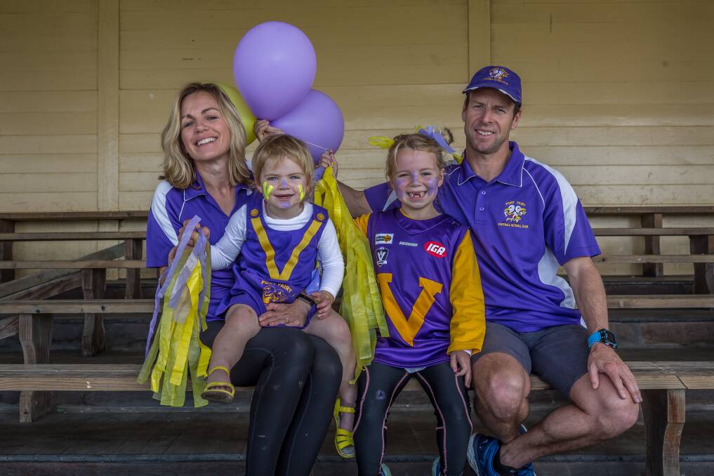 FAMILY: Nicole and Dean Dwyer with children Bronte, then 2, Lexie, then 7, before Port Fairy's senior football grand final appearance in 2017. 