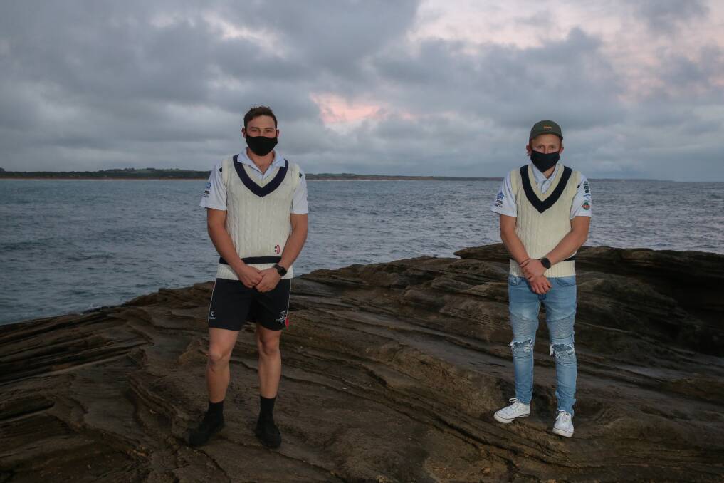 NEW ERA: Brothers Joe and Jake McKinnon will co-captain Northern Raiders in their maiden Warrnambool and District Cricket Association season. The pair, pictured wearing masks, as per COVID-19 restrictions, have strong ties to the area. Picture: Mark Witte 