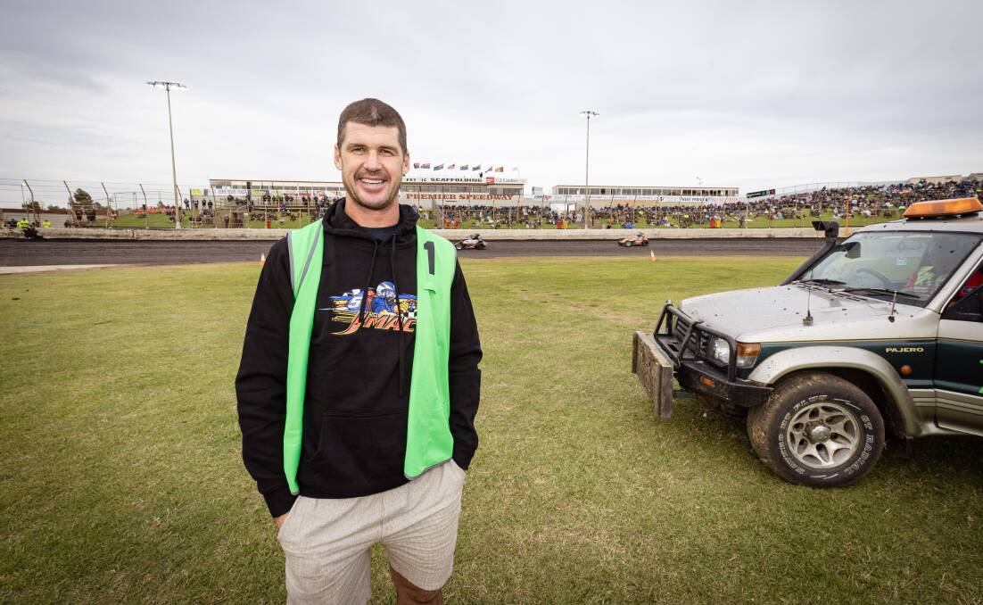 Retired AFL footballer Jonathan Brown, donning James McFadden merchandise, at the Premier Speedway meeting on New Year's Day. Picture by Sean McKenna 
