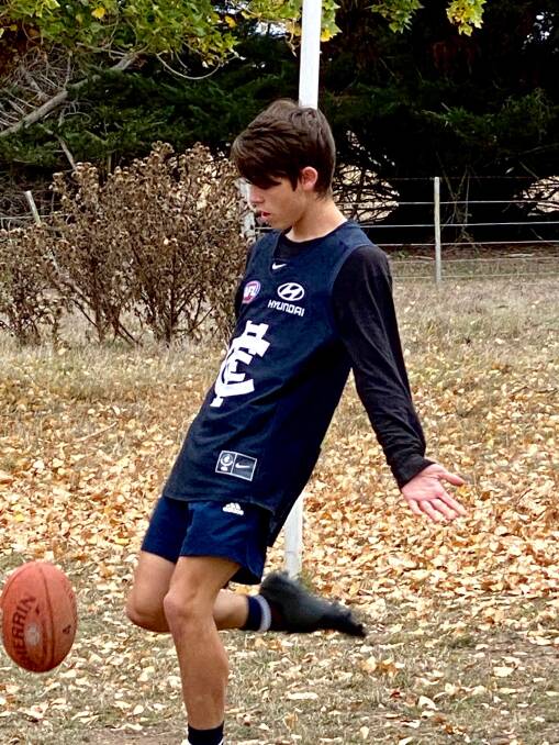 BLUEBAGGER: Isaac Draffen, 15, is a Carlton fan. He plays for Allansford on Saturdays. 