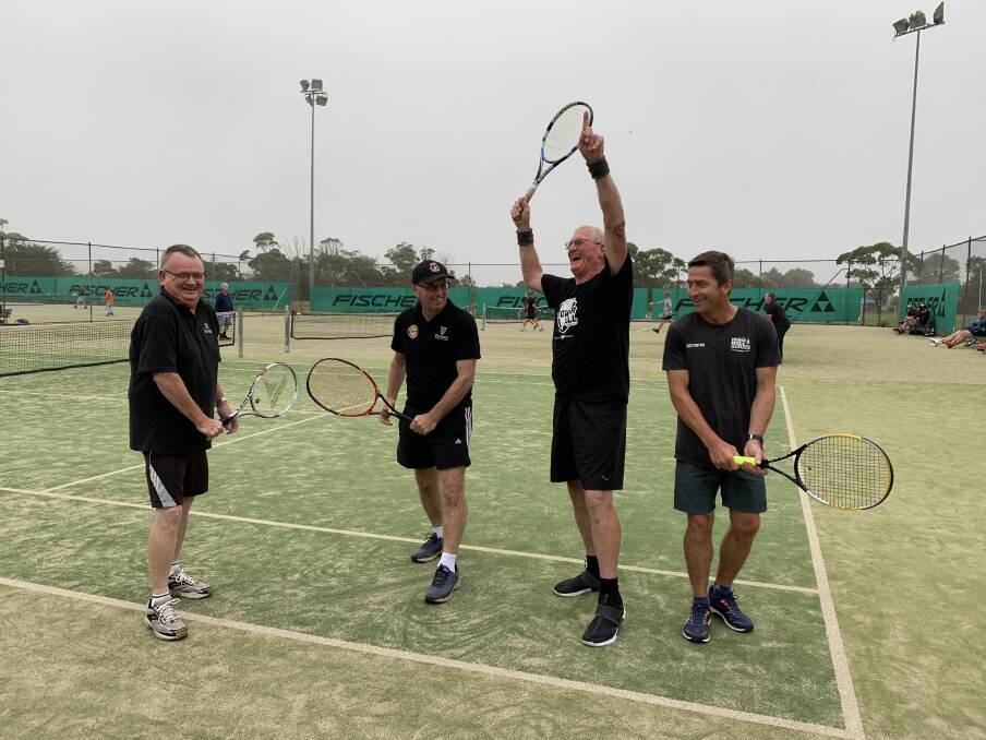 SOCIAL SCENE: Des Walsh, Maurice Molan, Des Noonan and Paddy Dwyer play for Saints in the weekly pennant competition at Warrnambool's Supergrasse Tennis Complex. Picture: Justine McCullagh-Beasy