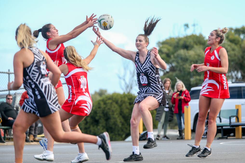 BOOM RECRUIT: Camperdown goal defence Ruby Pekin-Schlicht in action against South Warrnambool. Picture: Chris Doheny