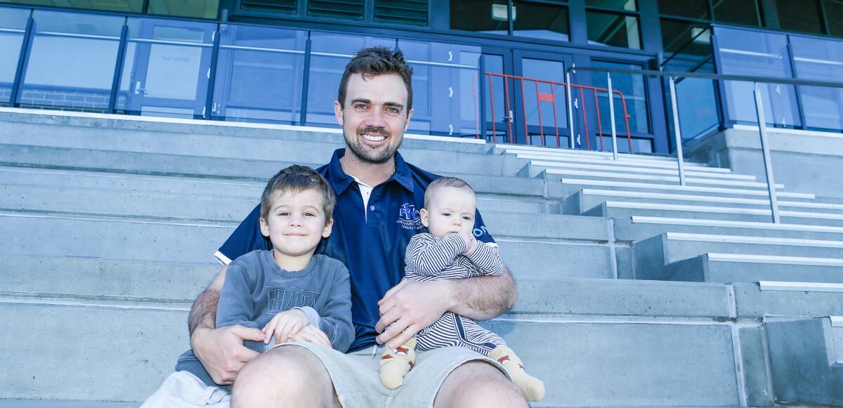 New Warrnambool coach Dan O'Keefe, with his children Mahli, 4, and Louie, four months. Picture: Anthony Brady