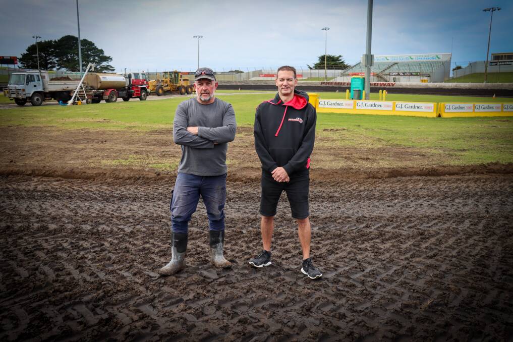 Premier Speedway vice president Robbie Paton and general manager Michael Parry at the Allansford complex. Picture by Justine McCullagh-Beasy 