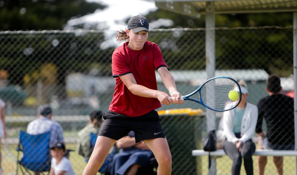 THREE-SET MATCH: Tom Gedye during the Warrnambool Grasscourt Open boys' 16 and under semi-final. Picture: Anthony Brady