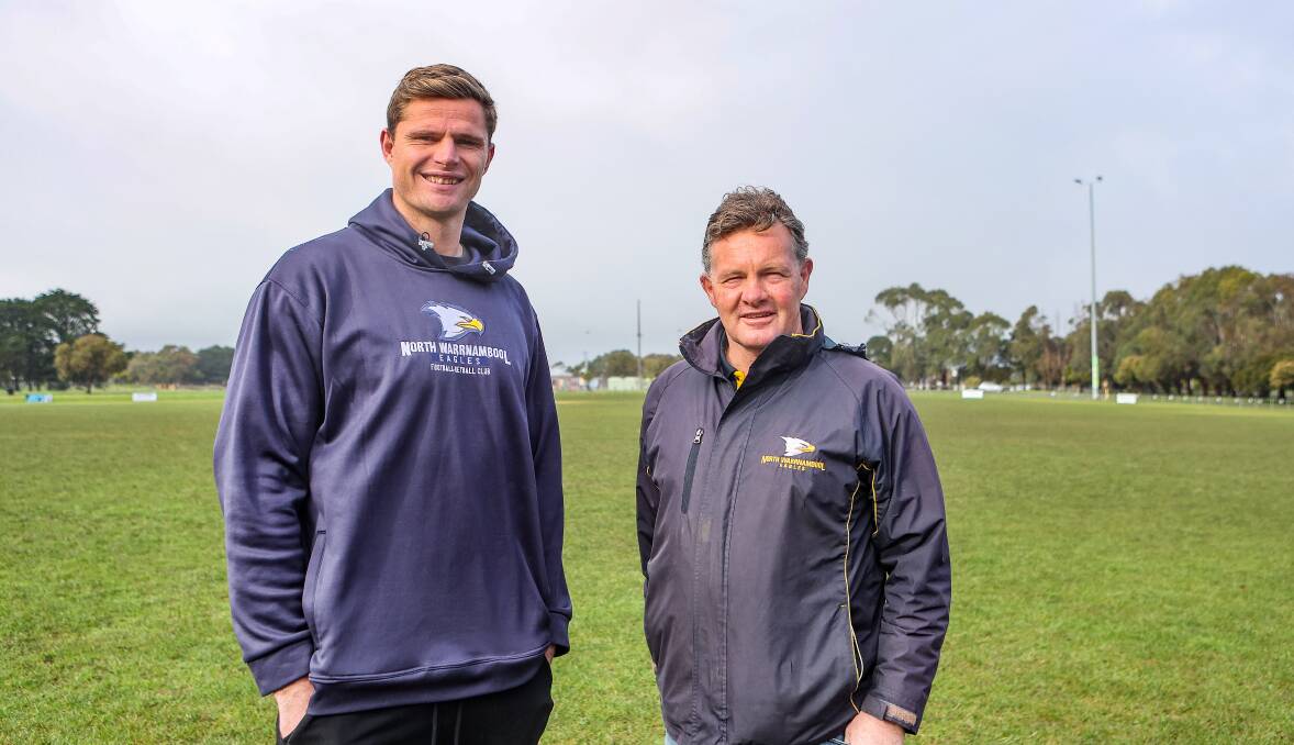 Nathan Vardy (left) will become North Warrnambool Eagles' new coach in 2024 with Adam Dowie stepping aside after five years. Picture by Anthony Brady 