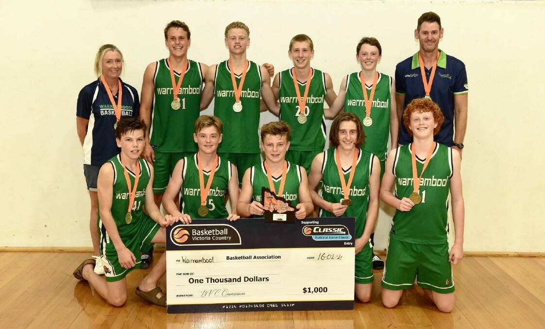 NUMBER ONE: Warrnambool Seahawks' manager Claire Keats, George Stevens, Mitch Wollermann, Harry Keast, Harry McGorm, coach Shane Smith, (front) Finn OSullivan, Ollie Smith, Connor Byrne, Angus Hayden, Wil Rantall. Absent: Luamon Lual. Picture: Basketball Victoria 