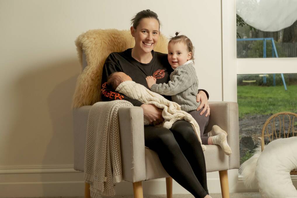 Sophie Hinkley had newborn Annabel and Holly, 2, before the 2022 Hampden league netball grand final. Picture by Chris Doheny 
