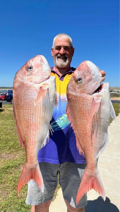Peter Goode with a couple of solid snapper off Warrnambool. Pictures supplied 