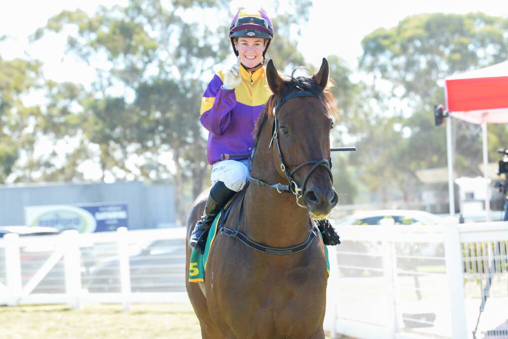 Tayla Childs returns to scale on Stylish Enuff after winning at Stawell Racecourse on March 31. Picture by Ross Holburt/Racing Photos 