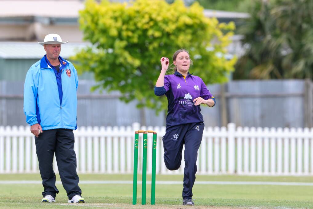 Hawkesdales Alexis Hunt, pictured bowling against Allansford-Panmure in round seven, plays senior cricket alongside her mum Nicole. Picture by Eddie Guerrero 