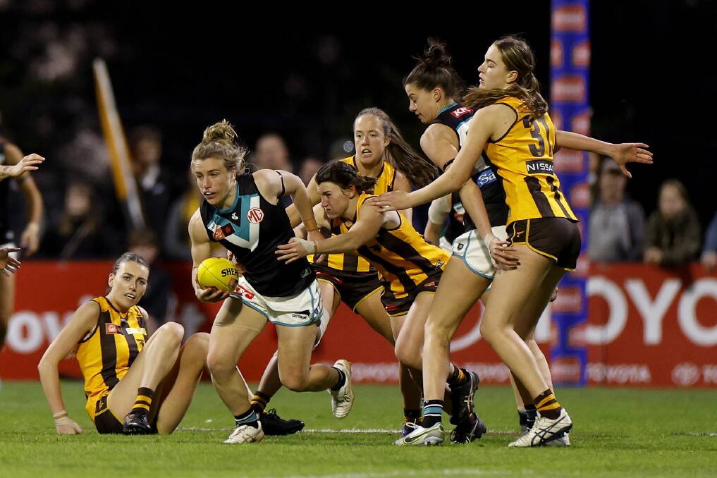 Maria Moloney grew up playing football in south-west Victoria and is now one of Port Adelaide's emerging leaders. Picture by Getty Images 