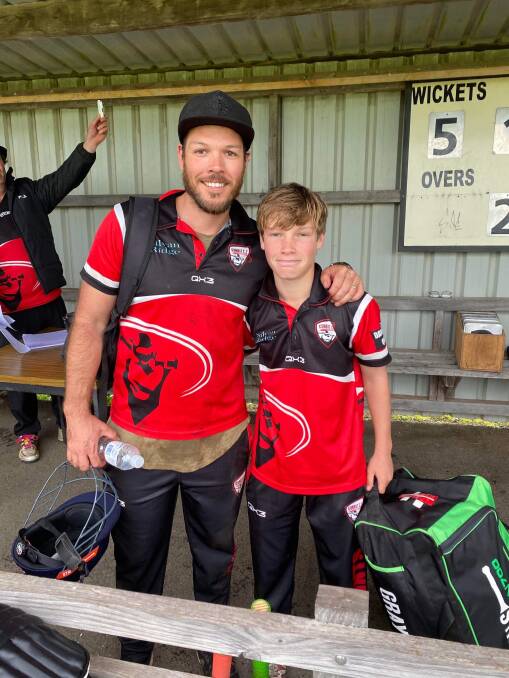 Dad Brendan McCosh and son Mitchell, 13, played together for the first time on Sunday and put on a 162-run stand for Koroit. Picture supplied 