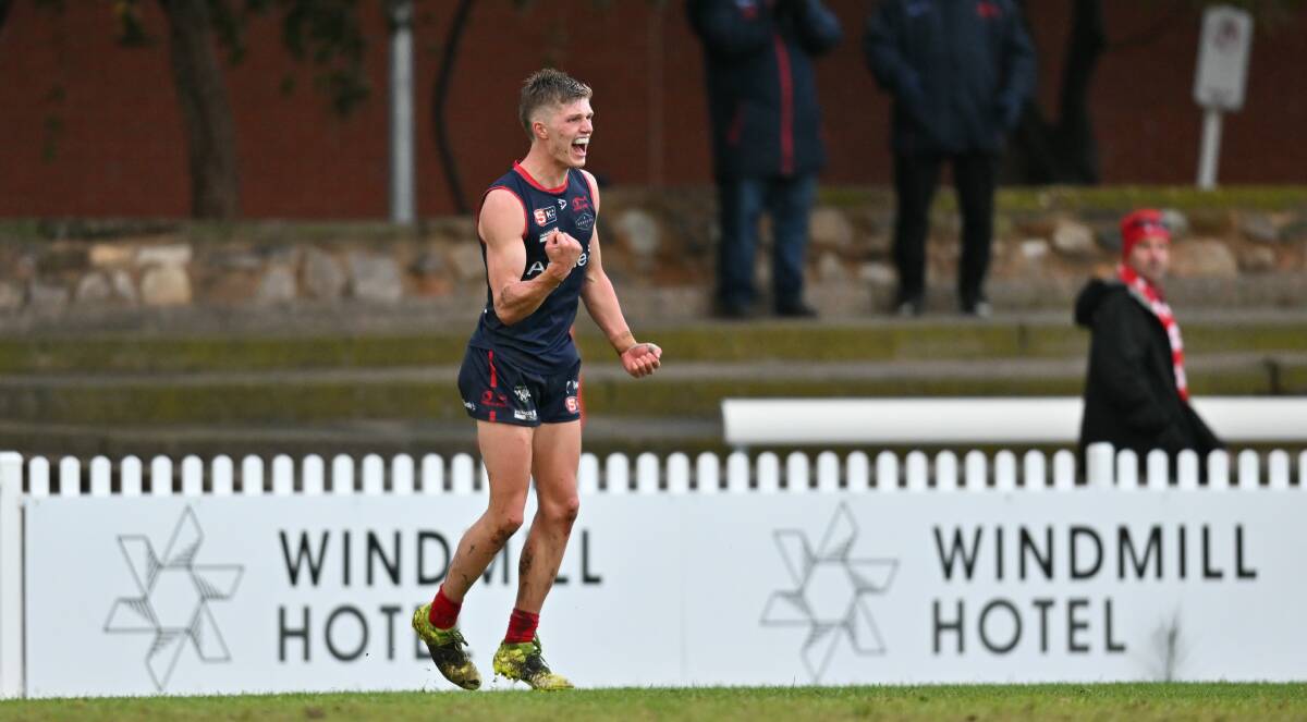 Jay Rantall celebrates a goal for Norwood in the SANFL. Picture by Scott Starkey