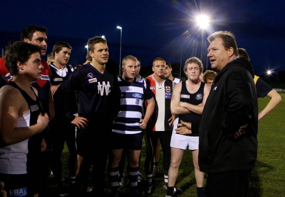 WORDS OF WISDOM: Grant Thomas visited his former club Warrnambool in 2011 and gave some advice to the Blues' current-day players. 